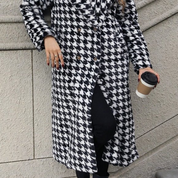Black & White Preppy womens Houndstooth Print Double Breasted Lapel Neck Coat - Picture 5 of 5